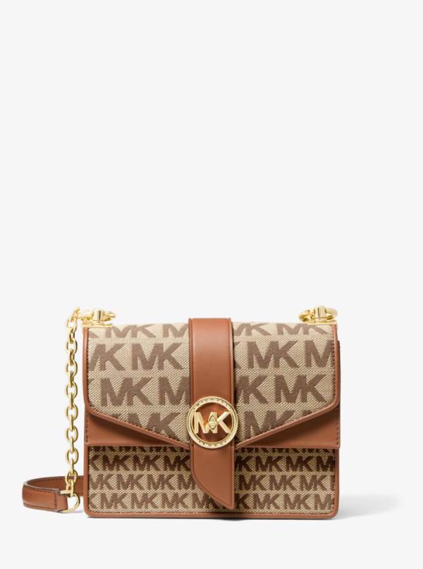 Damske Spojková Taška Michael Kors Greenwich Small Logo Jacquard and Leather Hnede Béžové - Kabelky Michael Kors Vypredaj | FWOSU-8012